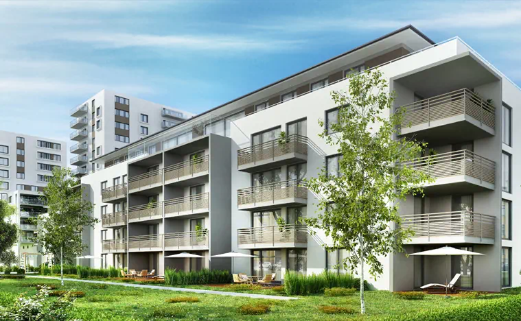 Exterior rendering of a new multifamily building.